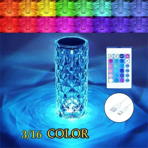 16 Colors Crystal Table Lamp Rechargeable Rose Projector Night Light Diamond Touch Atmosphere Lights – Image 2
