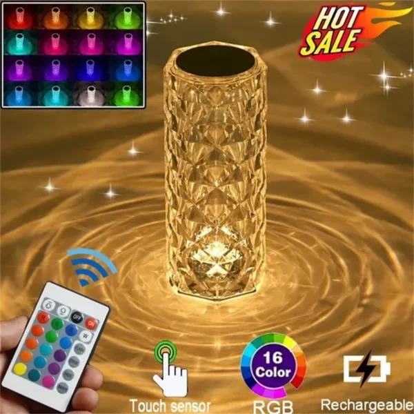 16 Colors Crystal Table Lamp Rechargeable Rose Projector Night Light Diamond Touch Atmosphere Lights – Image 3