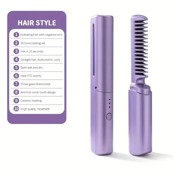 Wireless Hair Hot Comb Portable Mini USB Rechargeable Hair Straightener Fast Heating Hair Straightening Styling Tool – Image 5