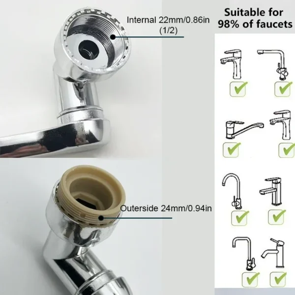 1080° Rotatable Extension Faucet Sprayer Head 2 Spray Modes Universal Bathroom Tap Extend Adapter Aerator – Image 6