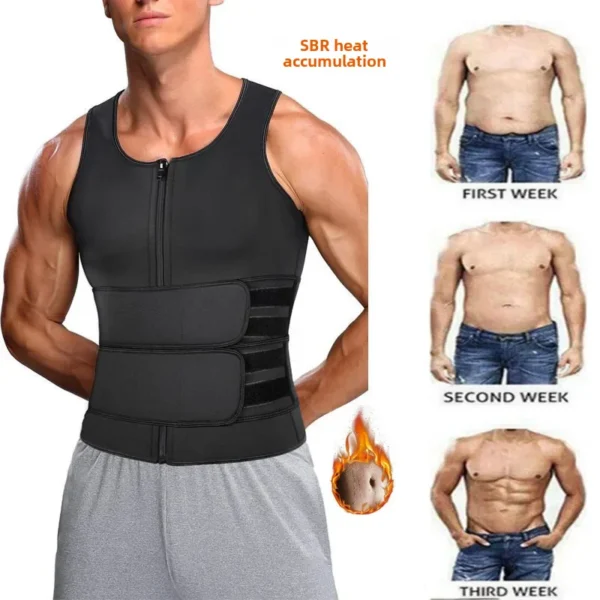 Amazon Fitness Sweatshirt Double Belt Front Zipper Clorocarbons Rubber Waist Tape Abdomen Slimming Rope Vest Men's – Image 2