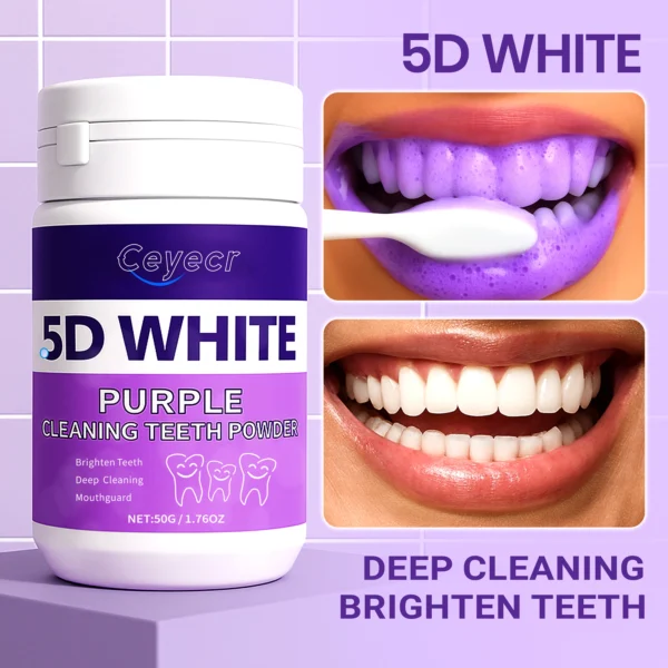 1 pack purple teeth powder natural formula with ice mint flavor, 5d effect, sensitive teeth & gums care, travel size 50g
