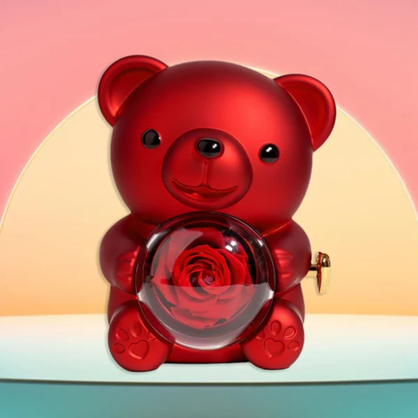 preserved rose hug bear with preserved flower ring necklace organizer gift bear shape jewelry box valentine's day birthday gift