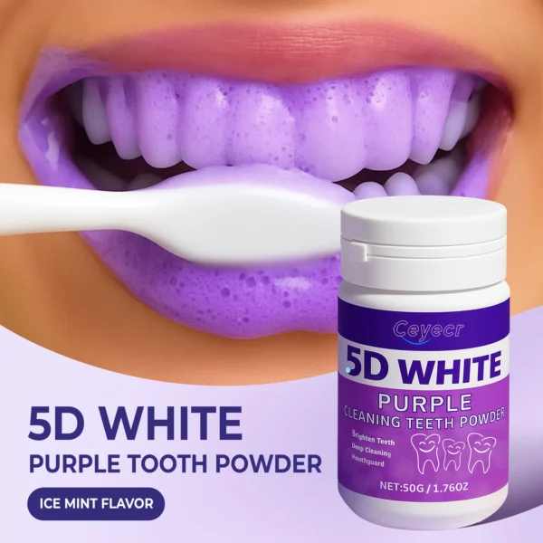 1 pack purple teeth powder natural formula with ice mint flavor, 5d effect, sensitive teeth & gums care, travel size 50g